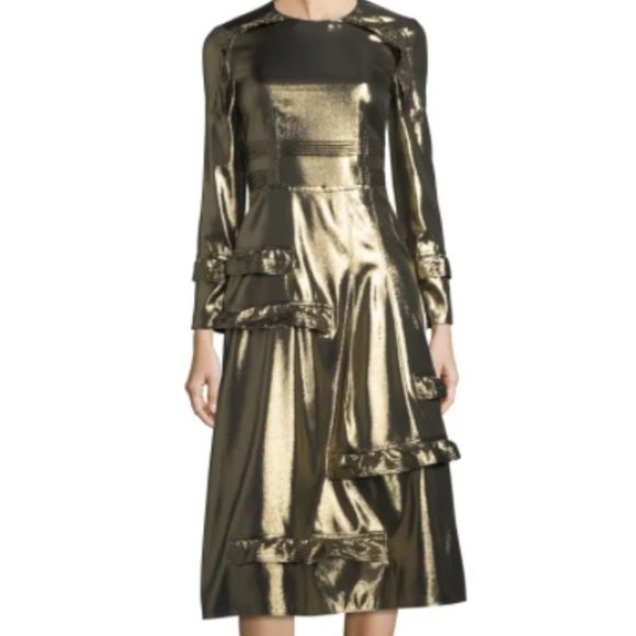 NWT Burberry Long-Sleeve Gold Metallic Ruffle-Trim Dress size US 2 - Picture 2 of 16
